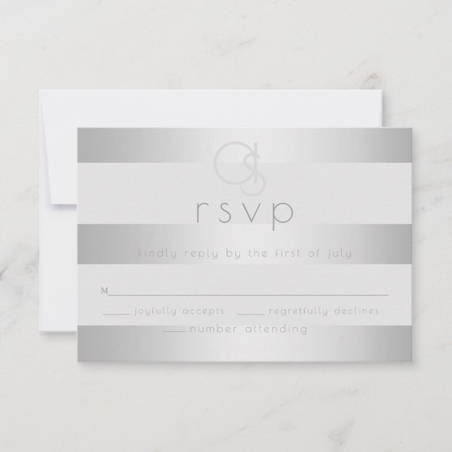 Wedding RSVP |  Luminous Silver Stripes Monogram Card (Front)