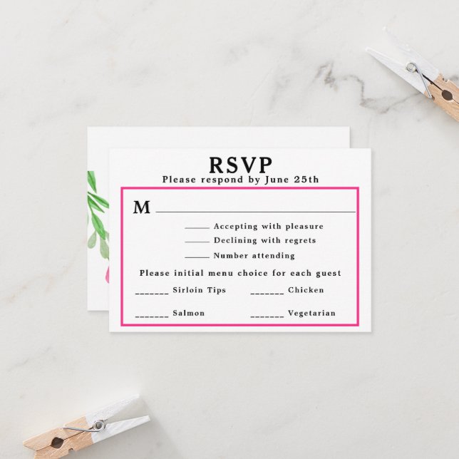 Wedding RSVP Menu Pink Floral Return Address Card (Front/Back In Situ)