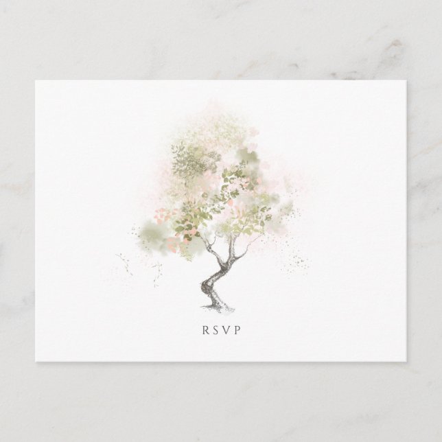 Wedding RSVP Minimal Modern Green Watercolor Tree Invitation Postcard (Front)