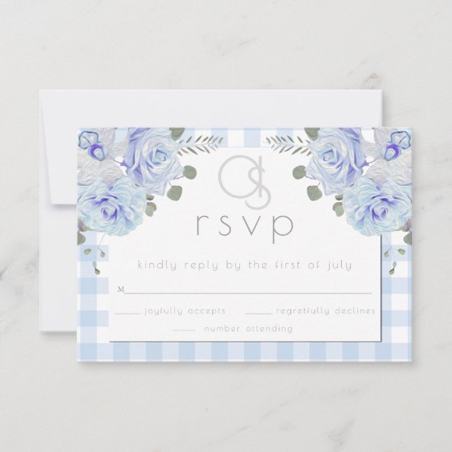 Wedding RSVP |  Monogram Blue Gingham Floral (Front)