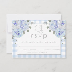 Wedding RSVP Monogram Blue Gingham Floral Card