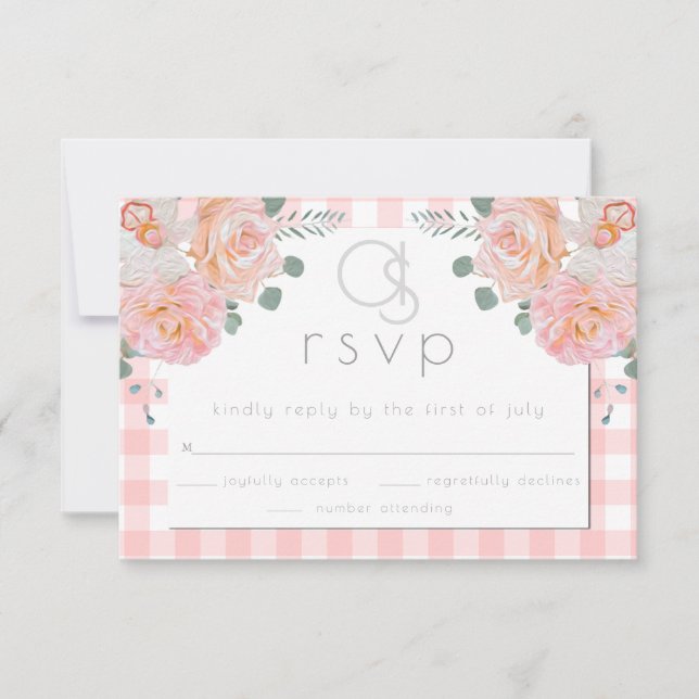Wedding RSVP |  Monogram Coral Gingham Floral Card (Front)