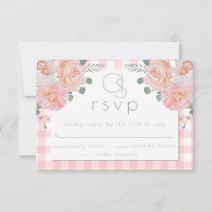 Wedding RSVP Monogram Coral Gingham Floral Card