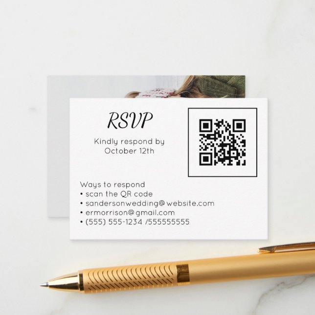 Wedding RSVP Online QR Code Photo Enclosure Card (Front/Back In Situ)