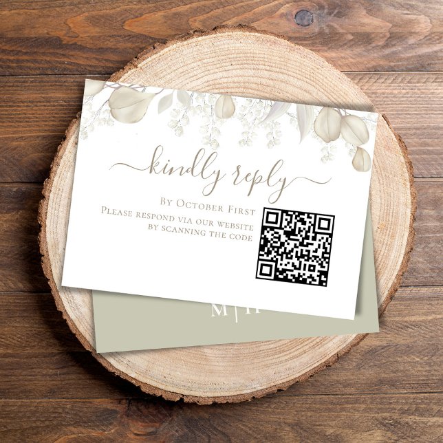 Wedding RSVP Online QR Code Sage Greenery Card (Simple Wedding reply card with a sage green background and QR code template.)