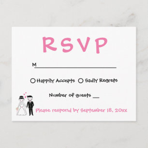 Wedding RSVP - Pink Black Bride Groom Cartoon Invitation Postcard