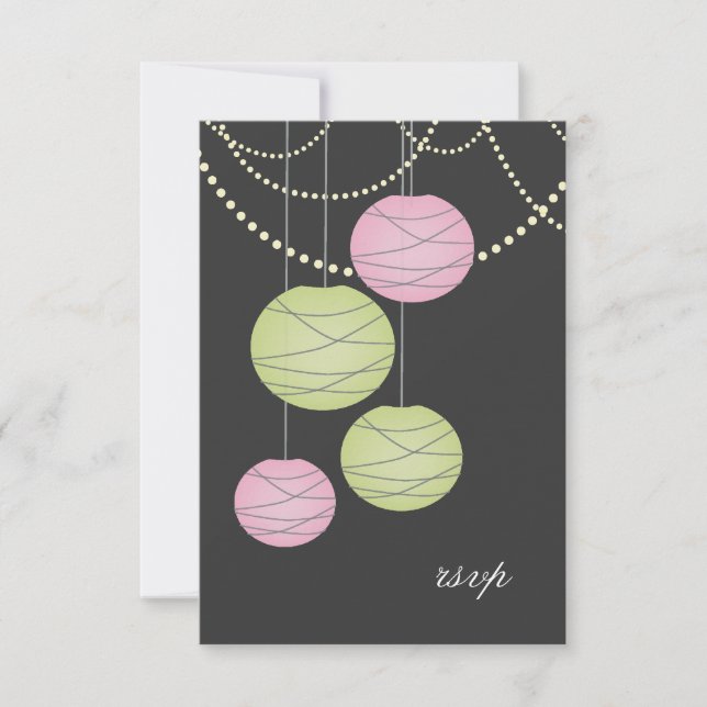 Wedding RSVP Pink Green Paper Lanterns Cards (Front)