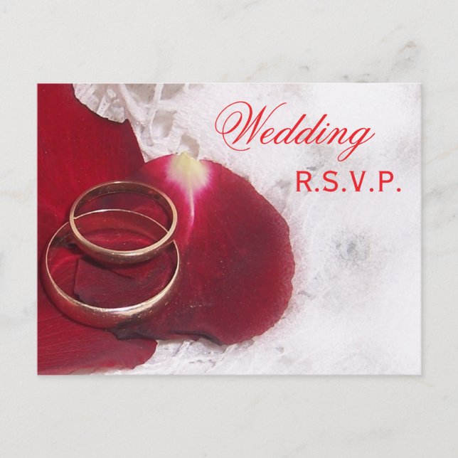 Wedding RSVP Postcard Gold Rings Rose Petals (Front)