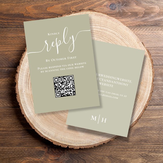 Wedding RSVP QR Code Elegant Sage Green (Elegant sage green reply response card with a scannable QR code. )