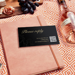 Wedding RSVP   QR Code Minimalist Black and Gold Place Card