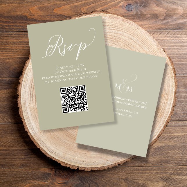 Wedding RSVP QR Code Script Sage Green Enclosure Card (Elegant RSVP card with a scannable QR Code )