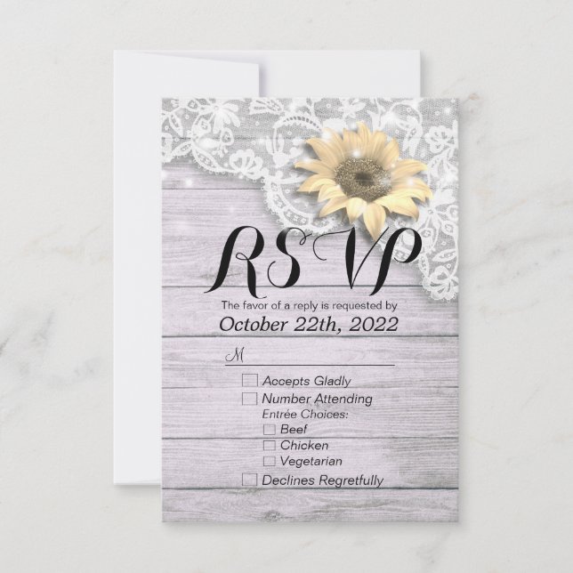 Wedding RSVP Reply Chic Lace Sunflower Wood Lights (Front)