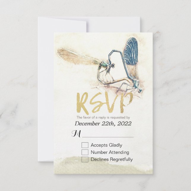 Wedding RSVP Reply Dragonfly Mating Love Heart Card (Front)