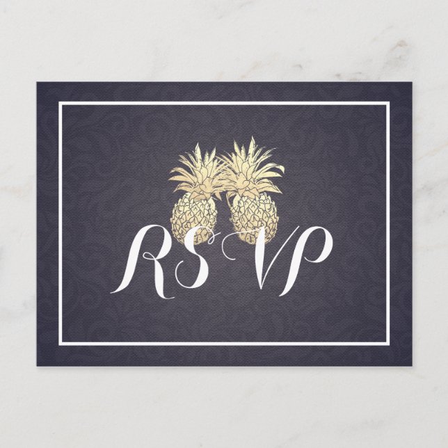 Wedding RSVP Reply Gold Pineapple Couple Navy Blue Invitation Postcard (Front)
