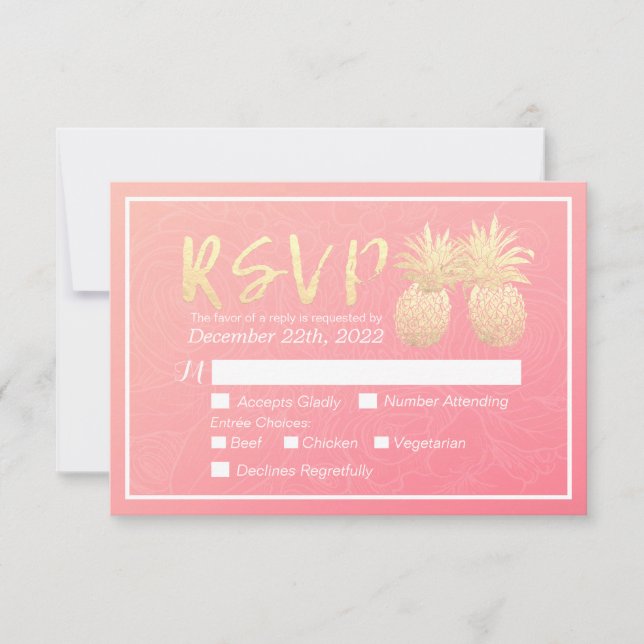 Wedding RSVP Reply Gold Pineapple Couple Pink Rose Card (Front)
