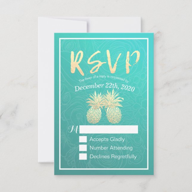 Wedding RSVP Reply Gold Pineapple Couple Teal Rose Card (Front)