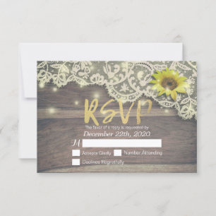Wedding RSVP Reply Lace Sunflower Barn Wood Lights