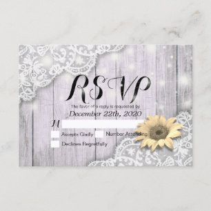 Wedding RSVP Reply Lace Sunflower Barn Wood Lights Card