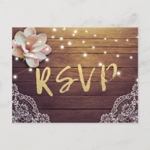 Wedding RSVP Reply Rustic Wood Floral String Light Invitation Postcard