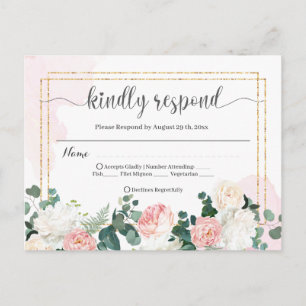  Wedding RSVP retro watercolor pink and flowers  Postcard