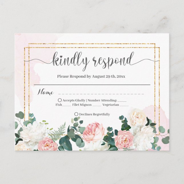  Wedding RSVP retro watercolor pink and flowers  Postcard (Front)