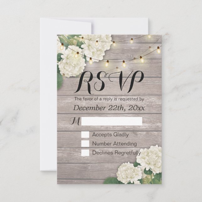 Wedding RSVP Rustic Wood Hydrangea String Lights Card (Front)