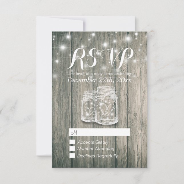Wedding RSVP Rustic Wood & Mason Jar String Lights Card (Front)