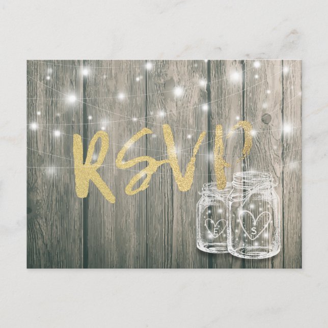 Wedding RSVP Rustic Wood & Mason Jar String Lights Invitation Postcard (Front)
