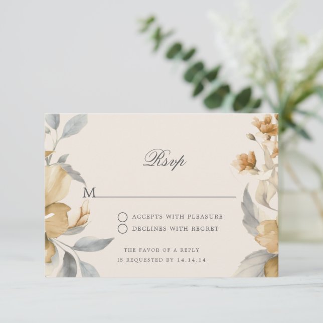 Wedding RSVP Script Gold Natural Rustic Floral Card (Standing Front)