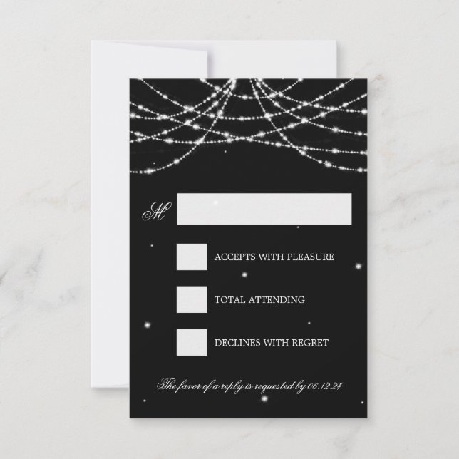 Wedding RSVP Sparkling String Black Card (Front)