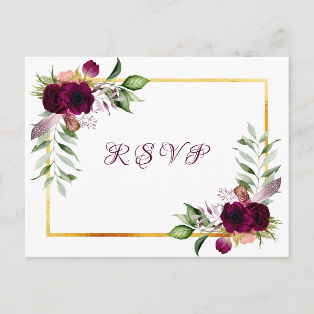 Wedding RSVP white florals burgundy Invitation Postcard (Front)