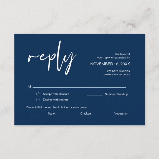 Wedding RSVP, with meal options, Navy Blue font En Enclosure Card (Front)