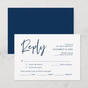 Wedding RSVP, with meal options, Navy Blue script Enclosure Card