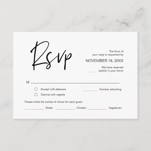 Wedding RSVP, with meal options, respond card (Front)