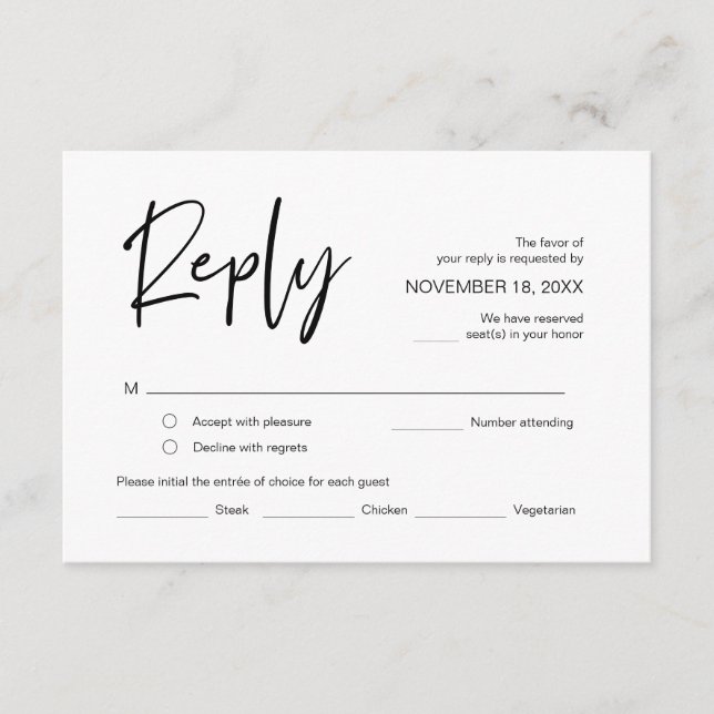 Wedding RSVP, with meal options, respond  Enclosure Card (Front)