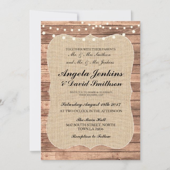 Wedding Rustic Burlap Wood Lights Barn BBQ Invite (Front)