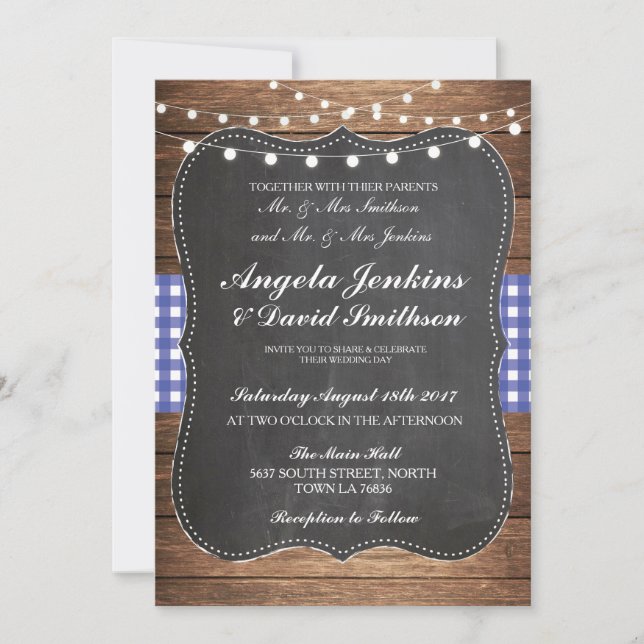 Wedding Rustic Chalk Blue Wood Lights Barn Invite (Front)