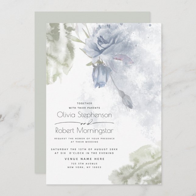 Wedding | Rustic Dusty Blue Roses Invitation (Front/Back)