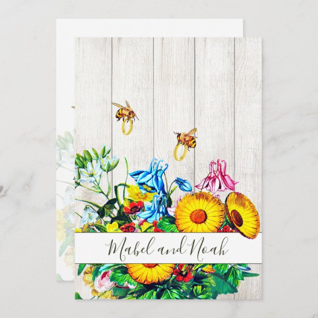  Wedding Rustic Floral Honey Bees  Gold Eco Invitation (Front/Back)