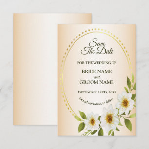Wedding Rustic Golden Frame White Floral Peach Save The Date