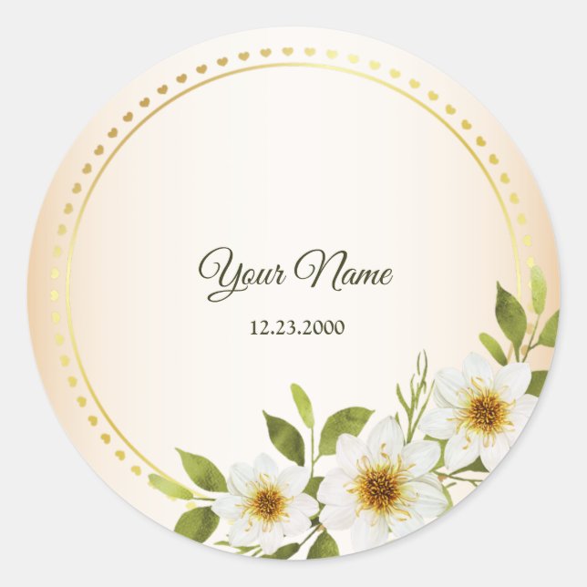 Wedding Rustic Golden Geometric White Floral Peach Classic Round Sticker (Front)
