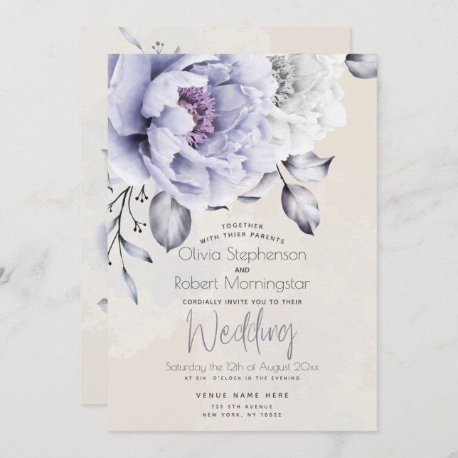WEDDING | Rustic Lilac and Alabaster Peony Floral Invitation (Front/Back)