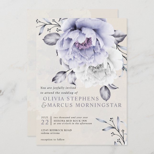 Wedding | Rustic Lilac and Alabaster Peony Floral Invitation (Front/Back)