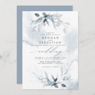 Wedding Rustic Watercolor Dusty Blue Foliage Invitation