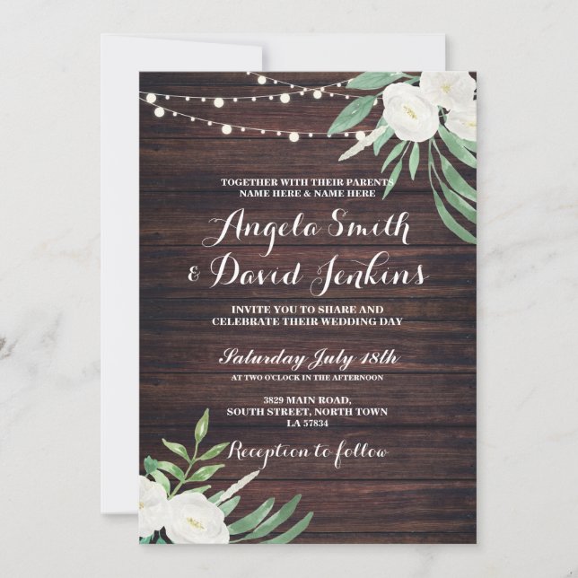 Wedding Rustic White Flower Wood  Invitation (Front)