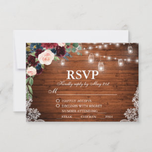 Wedding Rustic Wood Burgundy Blue Floral RSVP Meal