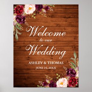 Wedding Rustic Wood Burgundy Watercolor Floral Poster