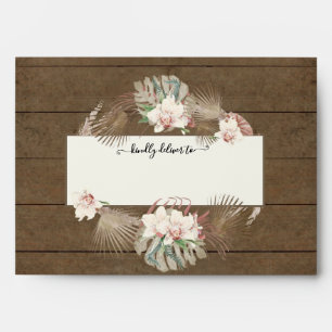 Wedding Rustic Wood Floral Orchid Monstera Foliage Envelope