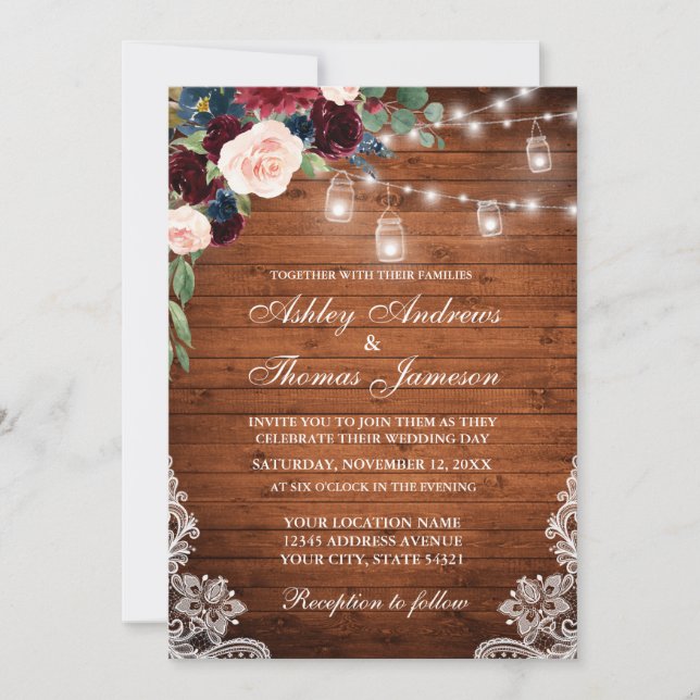 Wedding Rustic Wood Lights Jars Lace Floral Invitation (Front)
