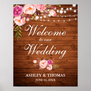 Wedding Rustic Wood Lights Pink Floral Poster